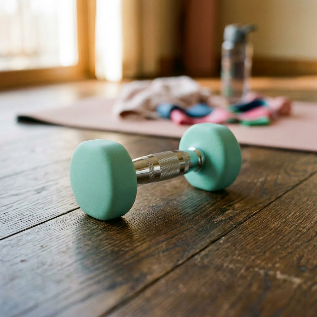 Mint-green 2.5-pound dumbbell with 'Mini Gains' text on wooden floor
