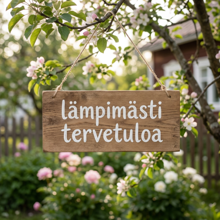 Wooden sign hanging on a tree branch with Finnish text 'lämpimästi tervetuloa'