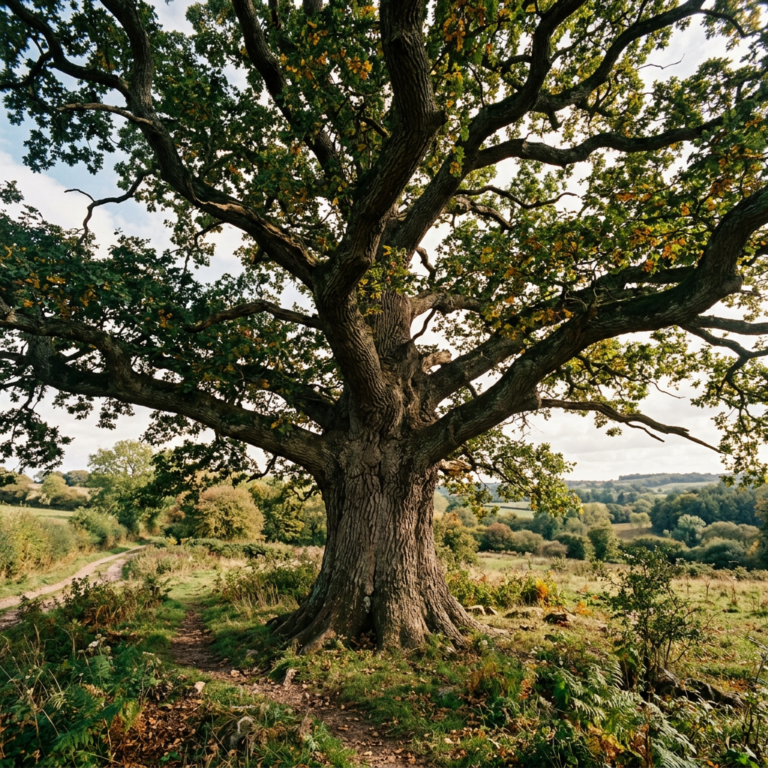 Large ancient oak tree with widespread branches in green rural field